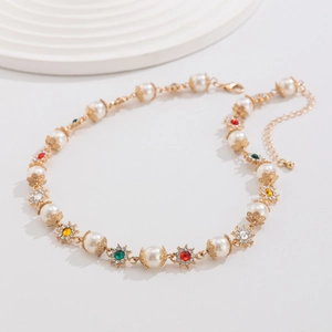 Collier de perles hip-hop pour hommes avec fleurs dorées et pierres précieuses colorées