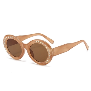 Lunettes de soleil ovales champagne avec strass pour femmes et verres bruns