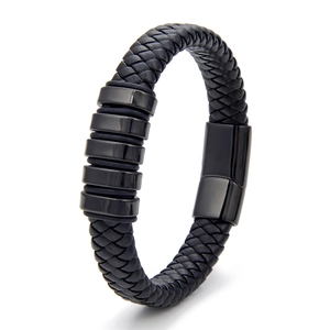 Men's minimalist black braided leather bracelet with stainless steel beads and magnetic clasp