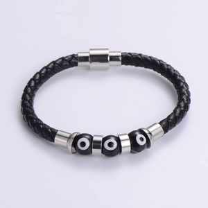 Men's braided black leather bracelet with evil eye beads and silver magnetic clasp