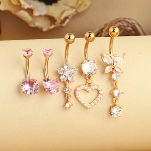 Lot de 5 piercings de nombril en acier doré avec zircons roses en forme de cœur et fleur