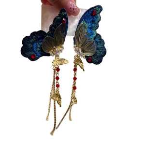 Exquisite peacock blue embroidered butterfly tassel earrings with crystals for women