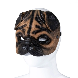 Detailed side view of realistic latex pug mask with lifelike wrinkles for cosplay