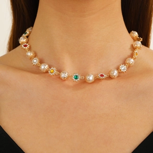 Vintage hip hop choker necklace with pearls and multi-color rhinestones on a gold base