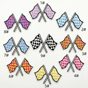 Detailed set of 9 colorful embroidered racing flag patches with iron-on heat adhesive backing