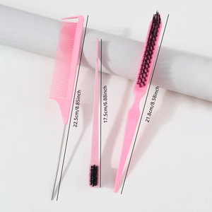 Pink 3-piece hair styling set with steel needle tail comb and double-sided edge brush