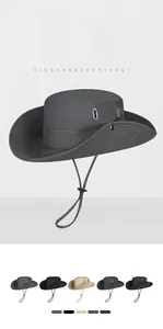Detail of outdoor sun hat with side ventilation holes and adjustable chin strap cord