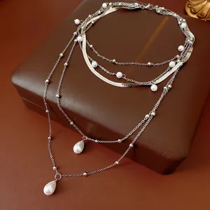 Mehrlagige Halskette Kupfer Eisen Imitationsperle Wassertropfen Anhänger Schlangenkette Elegant Minimalistisch Schmuck Damen