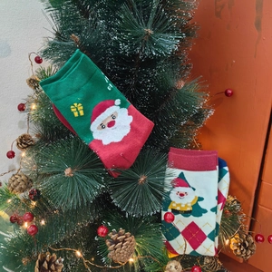 Detail of cartoon Christmas socks with reindeer patterns hanging on a festive tree