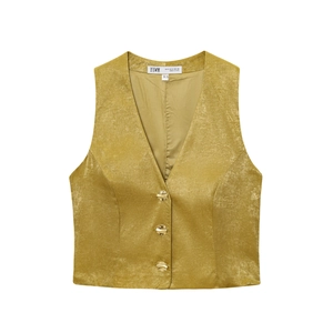 Gilet sans manches jaune moutarde tendance avec boutons en métal doré et tissu texturé