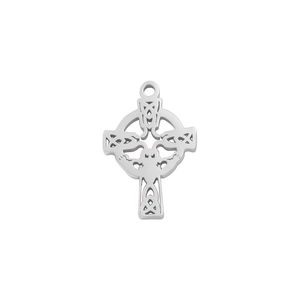 Detailed view of silver Celtic Knot cross pendant with polished mirror finish in stainless steel