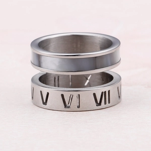 Double-layered stainless steel ring with Roman numerals and grey shell inlay detail