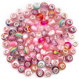 Pink and magenta large hole beads with silver metal core for DIY bracelet making