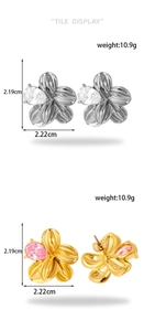 Detail of floral earrings with pear-cut cubic zirconia and fine petal texture detail