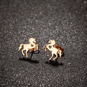 Polished gold stainless steel horse stud earrings with heart cutout for women