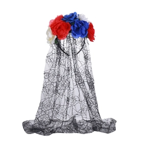 Detail of Halloween veil headband with red, white, blue roses and black lace mesh