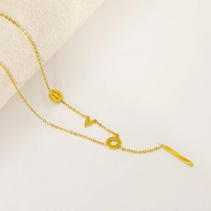 Stainless Steel LOVE Letter Y-Shaped Lariat Necklace PVD 18K Gold Plated Minimalist French Style Long Bar Pendant Jewelry Women