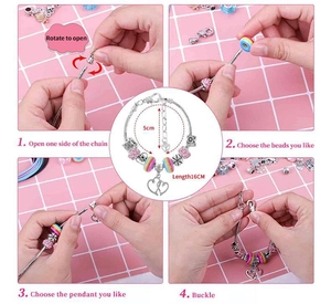 Step-by-step tutorial for DIY kids purple charm bracelet with beads and pendant