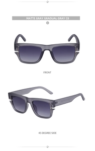 Front and 45-degree side views of matte gray square sunglasses with gradient lenses