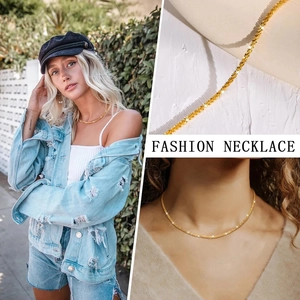 Detailed views of sparkling gold titanium steel necklace on model and in close-up shots