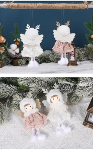 Detailed plush angel tree ornaments in pink and white with lace wings and antlers