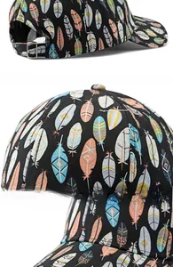 Close-up of colorful feather print details and adjustable metal buckle on back of baseball cap