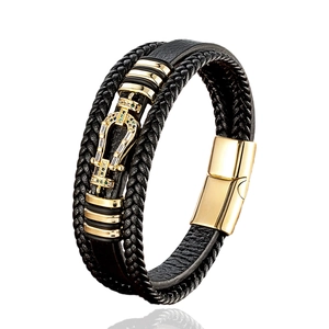 Men's multi-layer braided black leather bracelet with horseshoe zircon and gold clasp