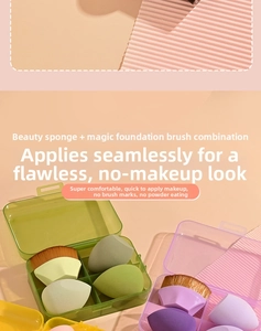 Detailed set of soft makeup sponges and dense foundation brush in a compartmentalized case