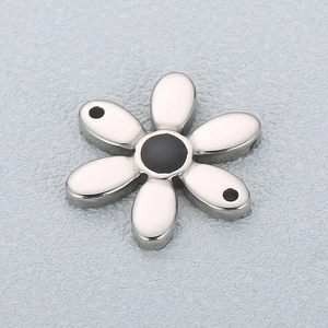Silver stainless steel six-petal daisy pendant with black center and dual connector holes