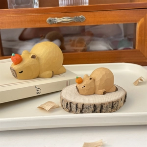 Handcrafted wooden capybara desktop ornaments with orange decor in two sizes