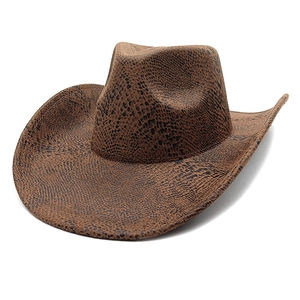 Detailed view of the brown snakeskin texture and wide brim on a western cowboy hat