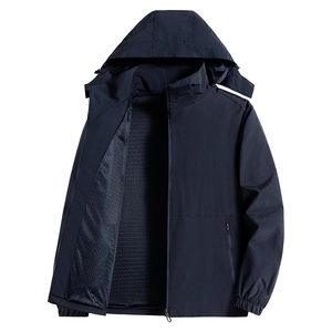 Navy blue hooded windbreaker jacket with breathable mesh lining and zippered pockets