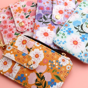 Floral lychee leather card holder wallet set with gold clasp in pink and blue