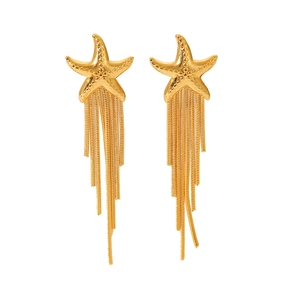 Macro shot of 18k gold plated starfish earrings with delicate chain tassels on white background