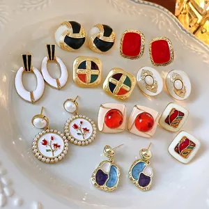 French Vintage Floral Geometric Stud Earrings Enamel Artificial Pearl Alloy With 925 Sterling Silver Earring Post For Women