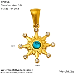 Detail of 18K gold plated stainless steel sunburst pendant with turquoise and dimensions