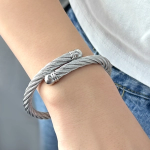 Minimalist silver twisted cable stainless steel open cuff bracelet with bead ends