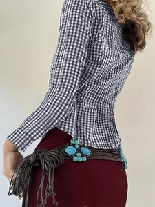Y2K long sleeve plaid shirt for women with turquoise stone belt and tassel details