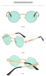 Three-angle views of round steampunk sunglasses with gold metal frames and green lenses