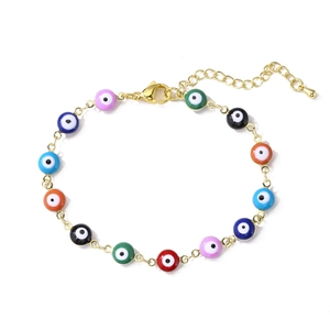 Gold plated bracelet with colorful evil eye beads featuring lobster clasp and extension chain