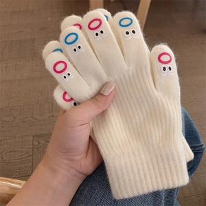 Cute winter warm knitted gloves for women, cozy full finger gloves with funny face embroidery.