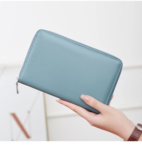 Detailed view of blue RFID leather long wallet with zipper and litchi grain texture
