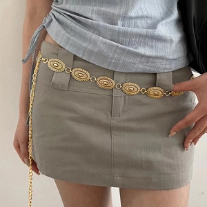 Vintage gold metal waist chain belt with engraved oval plates for women dresses