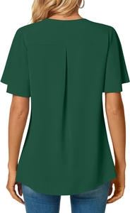 Rear view of dark green short sleeve blouse featuring delicate pleats on the back