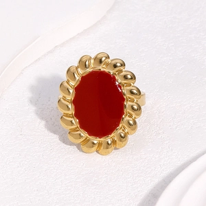 Vintage 18k gold plated open ring with red oval enamel and pleated metal frame detail