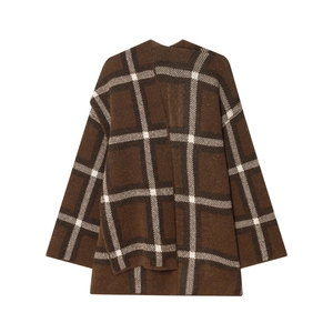 French vintage dark brown plaid knit cardigan jacket for women in oversized plaid pattern