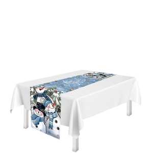 Christmas table runner with blue snowmen and snowflakes for festive dining room decor