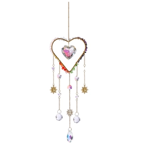 Detail of crystal heart wind chime featuring healing stones and rainbow prisms for patio decor