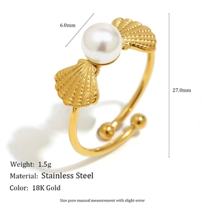 Bague ouverte rétro en acier inoxydable doré 18K avec perle de 6mm et coquillage