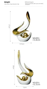 Vue détaillée des dimensions de sculptures en céramique blanche et dorée moderne